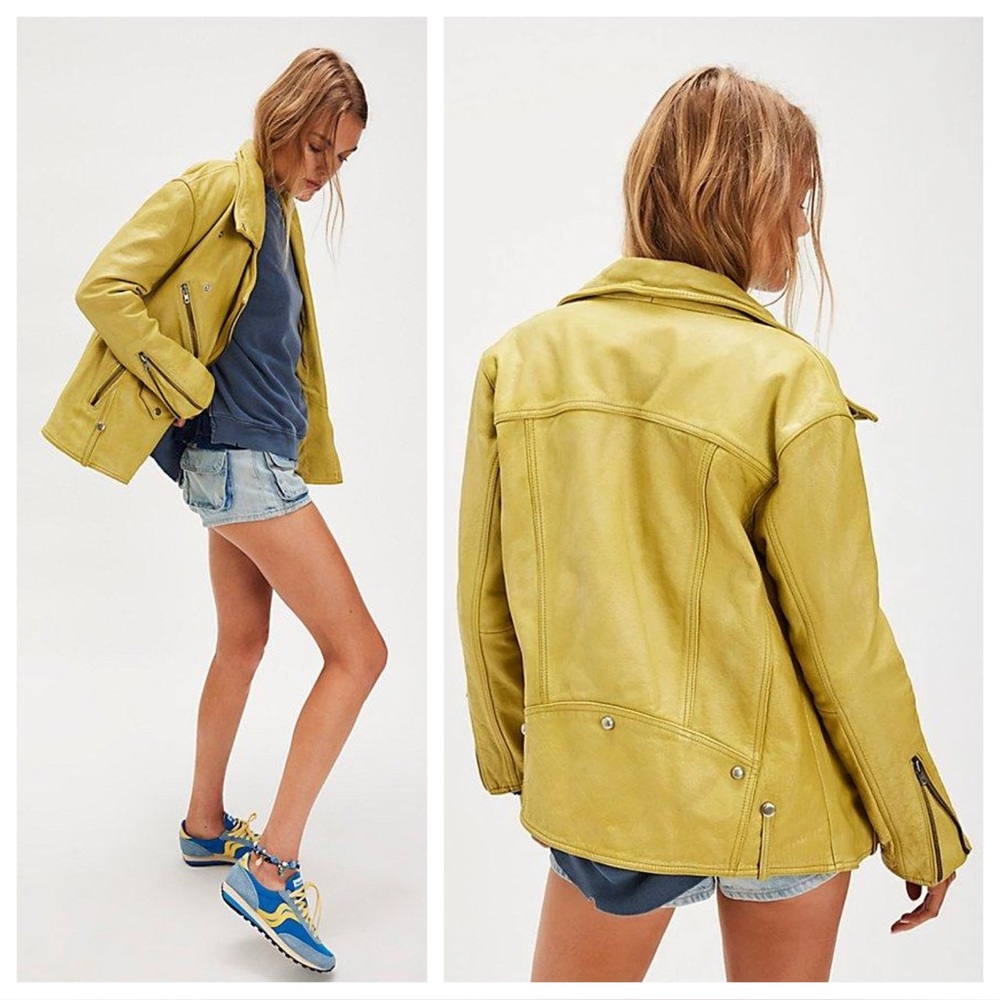 Free People We The Free Jealousy Leather Moto Jacket Green Canary